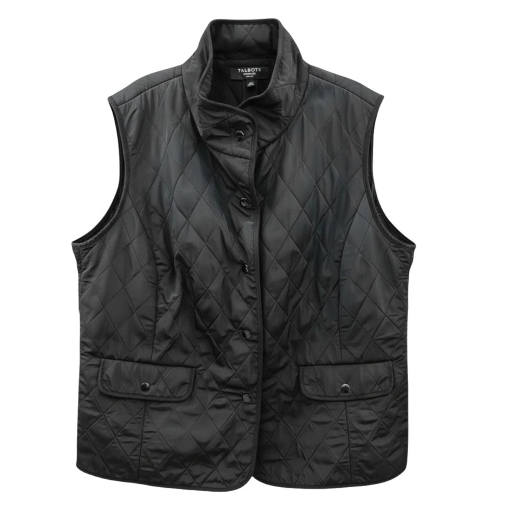 TALBOTS Black Quilted Vest FLEECE LINED Black Snaps w/Snap Pockets &Back Vents M